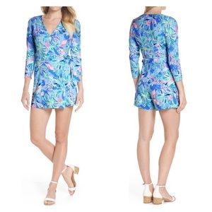 XXS Lilly Pulitzer Karlie Wrap Romper Blue Celestial Seas